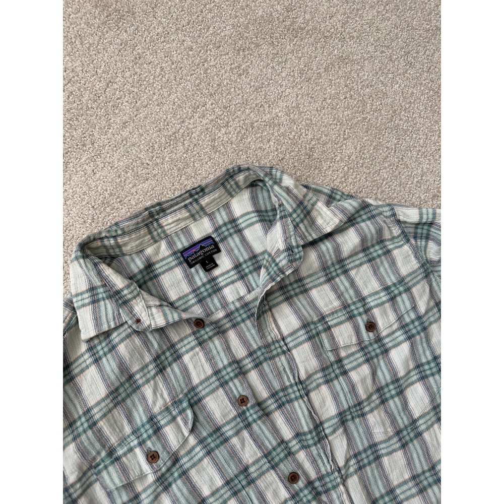 Patagonia Womens Organic Cotton Plaid‎ Button Down Shirt Green White Large L